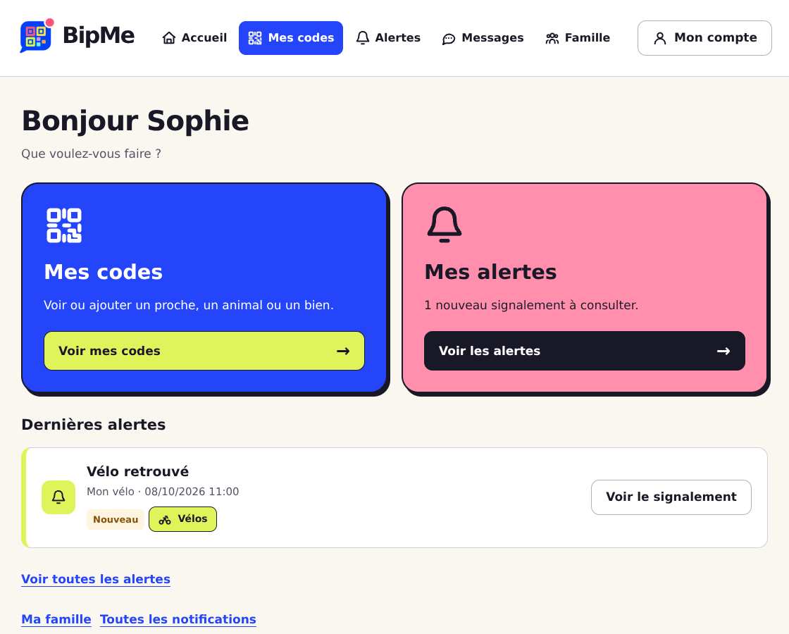 Capture de l’accueil connecté : accès aux codes et aux alertes, puis liste des dernières alertes. Ouvrir en grand.
